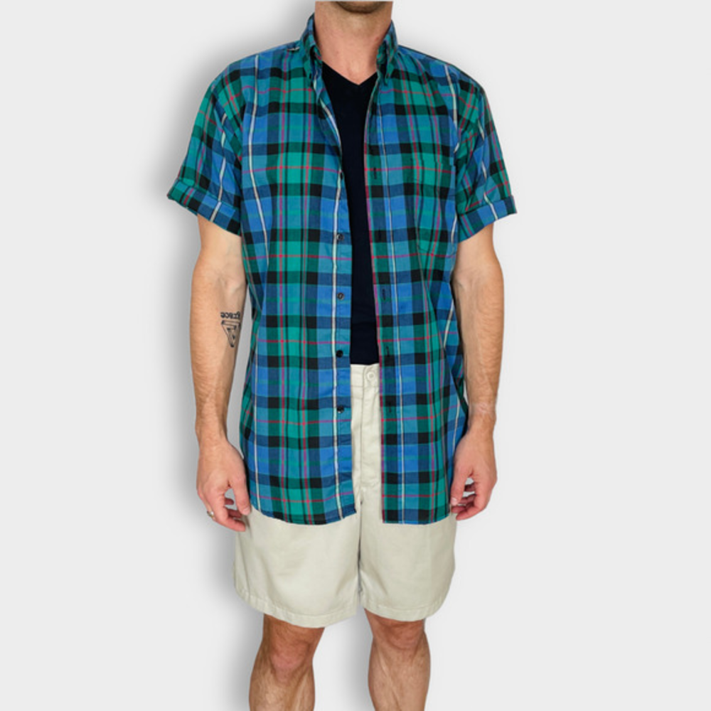 80s Main Street Green‎ and Blue Plaid Short Sleeve Button Down